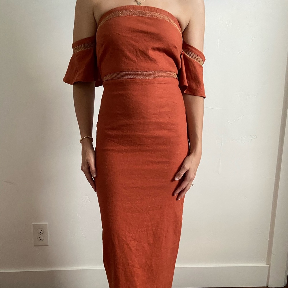 Stone Cold Fox Burnt Orange Off Shoulder Dress